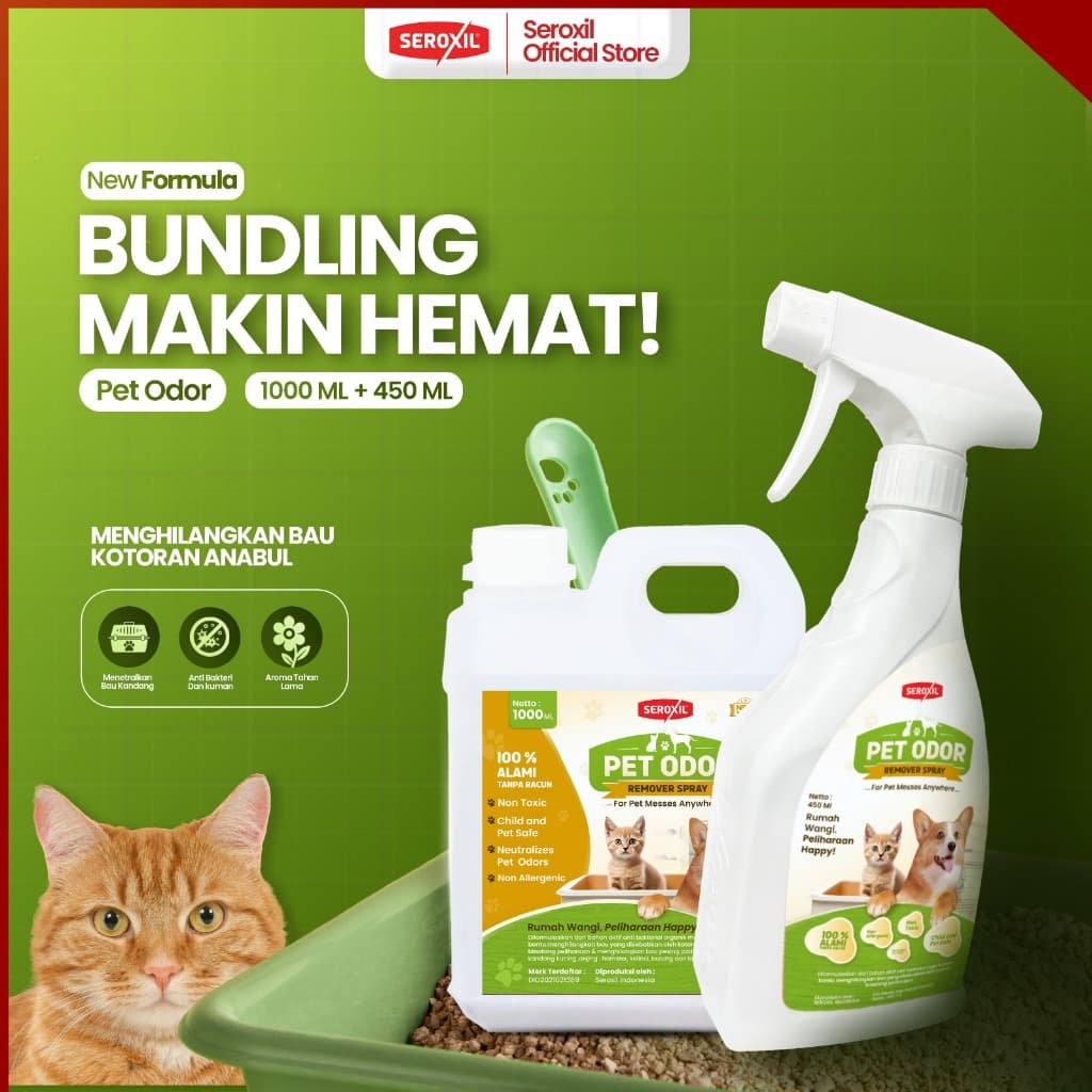 Seroxil Paket Penghilang Bau Pesing Kotoran Kandang Kucing Anjing 1000ml + 450ml (Seroxil)